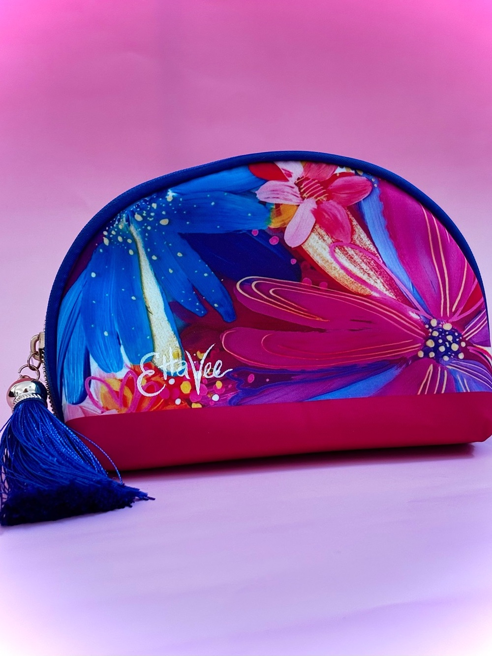 Etta Vee Floral Blue & Pink curved Cosmetic Pouch with Tassel